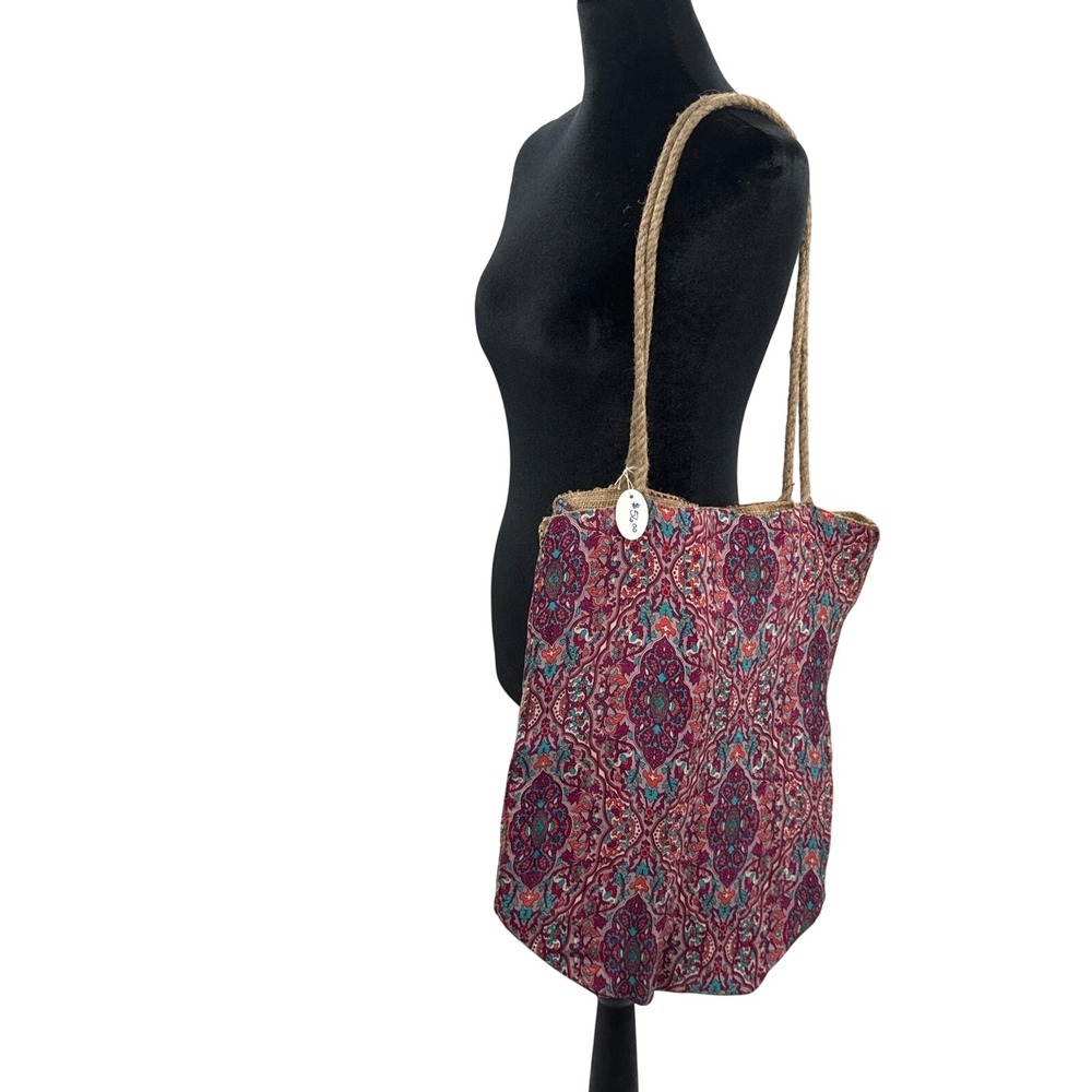 Karma Highway Bohemian Paisley Tote Bag‎ Rope Straps Jute Lining Burgundy Teal